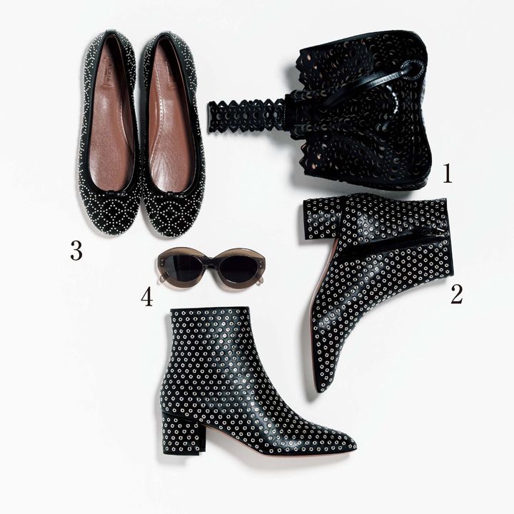 1.手首にひっかけるように持つのが素敵！ブレスレットバッグ『ビエンヌ』（ミラー付き）［縦18cm×横19cm×マチ10cm］￥237,000・2.ヒールにまでアイレットモチーフがあしらわれ、迫力あるスタイルになっています。ブーツ［ヒール5.5cm］￥197,000・3.美しい模様を描いたスタッズがインパクト絶大です。靴『アラベスク』［ヒールなし］￥141,000・4.1950年代にインスパイアされたオーバルシェイプは、ペダルモチーフの専用ケース付きです。サングラス￥60,000（リシュモンジャパン〈アライア〉）　[Precious2018年12月号163ページ] 　