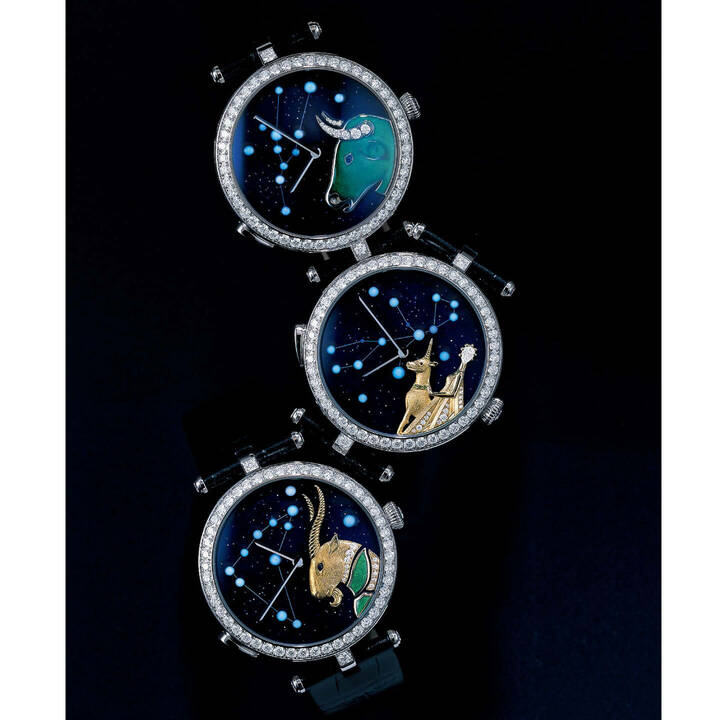 上／おうし座『レディ アーペル ゾディアック リュミヌー』●文字盤：グリッターブルーエナメル×ダイヤモンド×ホワイトゴールド　●ケース：ホワイトゴールド×ダイヤモンド　●ケース径：38mm　●ストラップ：グリッターブルーアリゲーター　●ムーブメント：自動巻き　●パワーリザーブ：40時間・中／おとめ座・下／やぎ座『レディ アーペル ゾディアック リュミヌー』　●文字盤：グリッターブルーエナメル×ダイヤモンド×イエローゴールド　●ケース：ホワイトゴールド×ダイヤモンド　●ケース径：38mm　●ストラップ：グリッターブルーアリゲーター　●ムーブメント：自動巻き　●パワーリザーブ：40時間　　　　　　　各￥16,500,000（ヴァン クリーフ&アーペル）　 [Precious2019年3月号235ページ] 