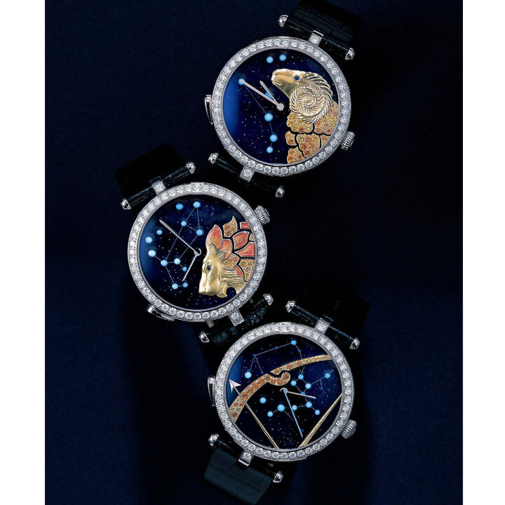 上／おひつじ座・中／しし座・下／いて座『レディ アーペル ゾディアック リュミヌー』各￥16,500,000　●文字盤：グリッターブルーエナメル×イエローゴールド　●ケース：ホワイトゴールド×ダイヤモンド　●ケース径：38mm　●ストラップ：グリッターブルーアリゲーター　●ムーブメント：自動巻き　●パワーリザーブ：40時間（ヴァン クリーフ&アーペル）　[Precious2019年3月号233ページ] 