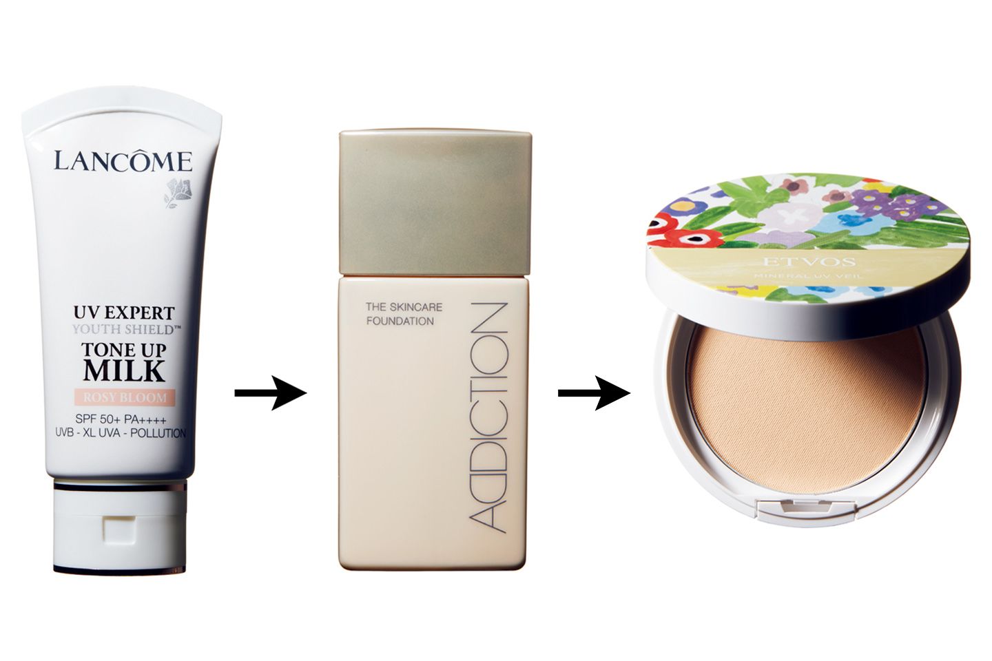 左から/ランコム UV エクスペール トーン アップ ローズ SPF50+・PA++++ 30ml ¥5,800、アディクション ザ スキンケア ファンデーション SPF25・PA++ 全15色 30ml ¥4,500、エトヴォス ミネラルUVベール SPF45・PA+++ 7g ¥3,500