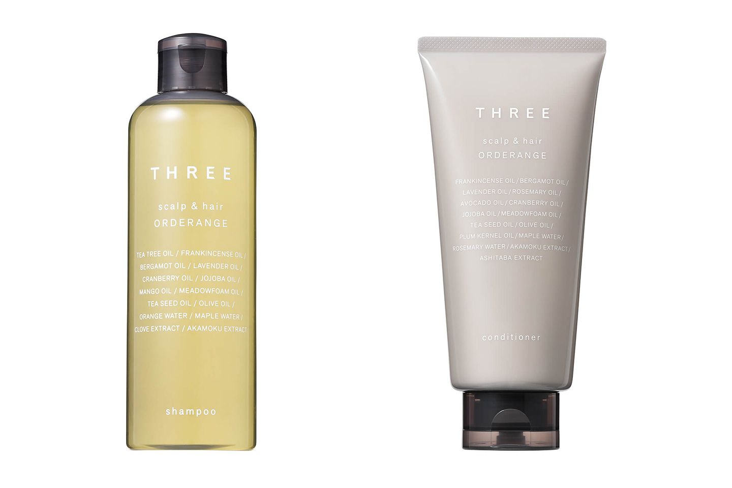THREE スキャルプ&ヘア オーダレンジ シャンプー 250ml ¥3,000・同コンディショナー 165g ¥3,300
