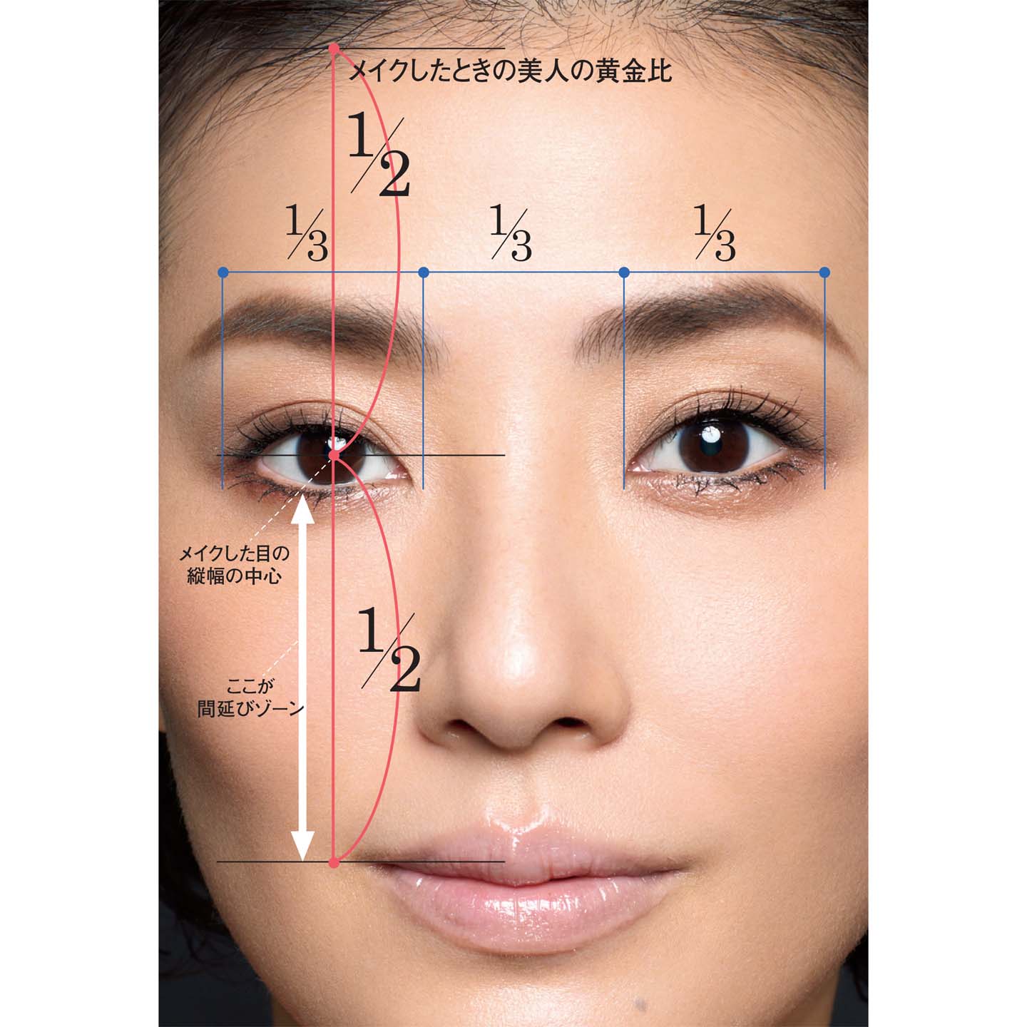 縦のバランスは、生え際から目の真ん中(瞳の中央)までの長さと、目の真ん中(瞳の中央)から口角までの長さが同じであること。横のバランスは、目の横幅と右の目頭と左の目頭との距離が同じであること
