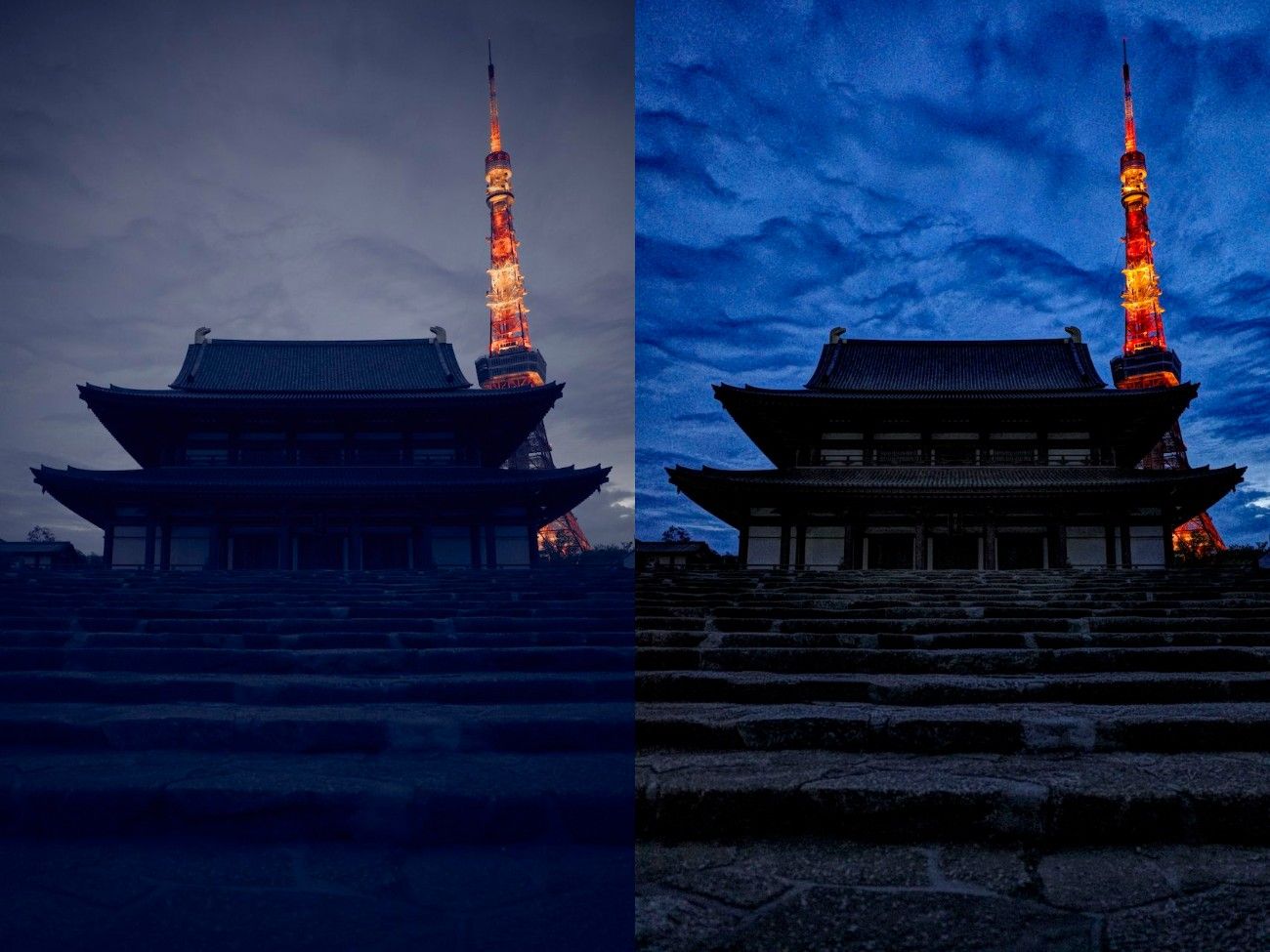 増上寺と東京タワー。露出、彩度、コントラストを変えて夜空の青色を強調した