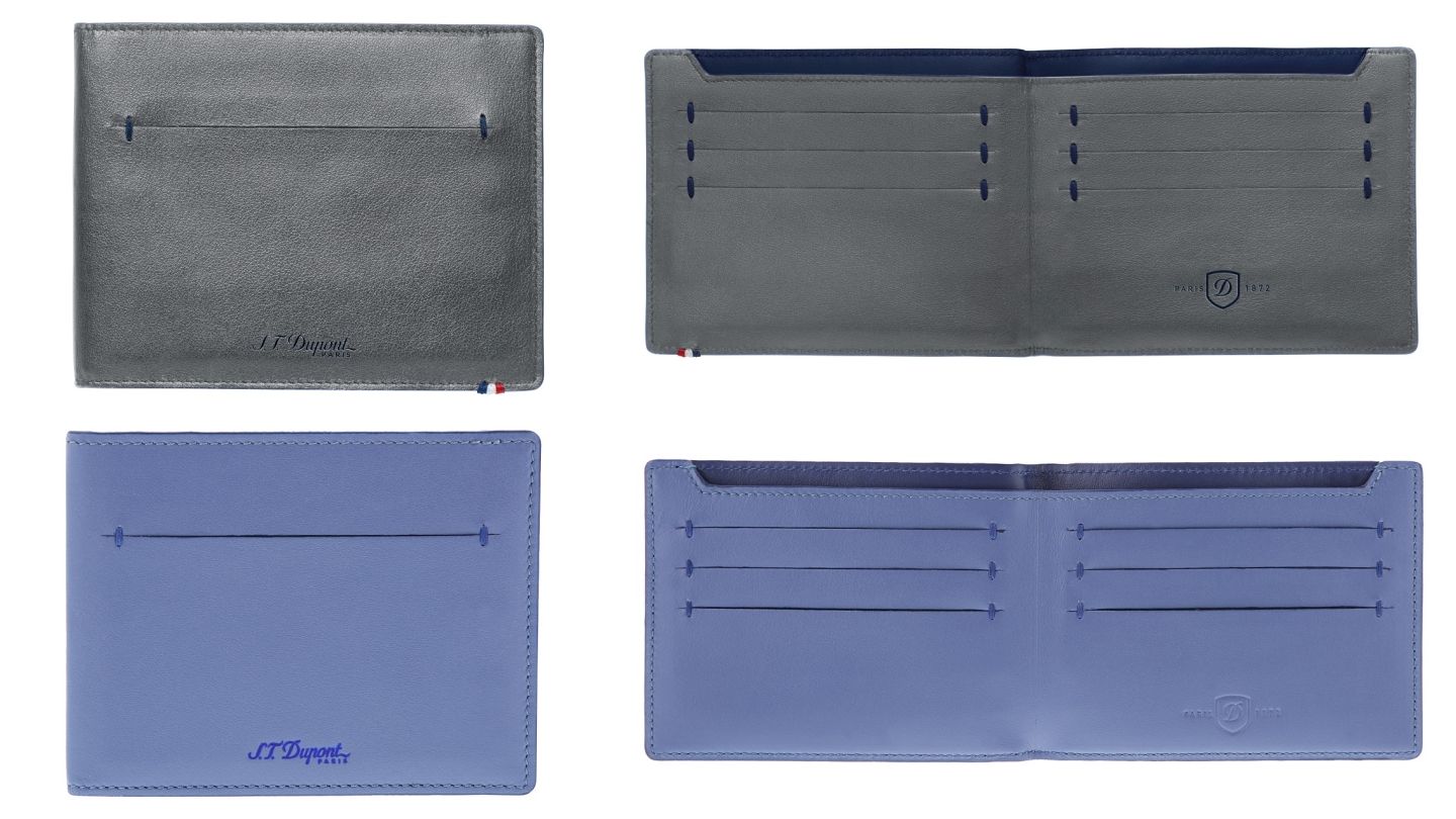 エス・テー・デュポン レザーコレクション「ライン Dスリム」二つ折り財布各¥35,000【縦9x横11.5cm、グレー&ブルー・ブルー&ダークブルー】