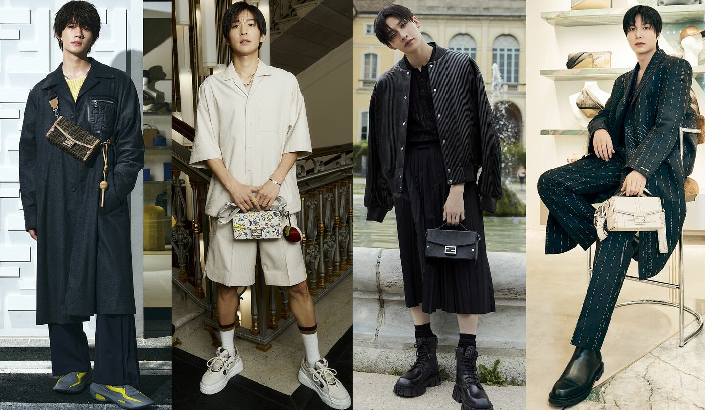 「Snow Man」目黒 蓮さん、Stray kidsのバンチャンさん、佐野勇斗さんが「フェンディ」新作バッグ『バゲットソフトトランク』を持つ画像