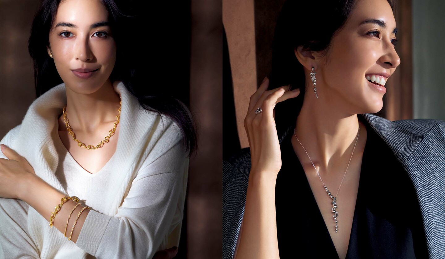 「ジョージ ジェンセン」のジュエリーを着用したモデルの立野リカさん