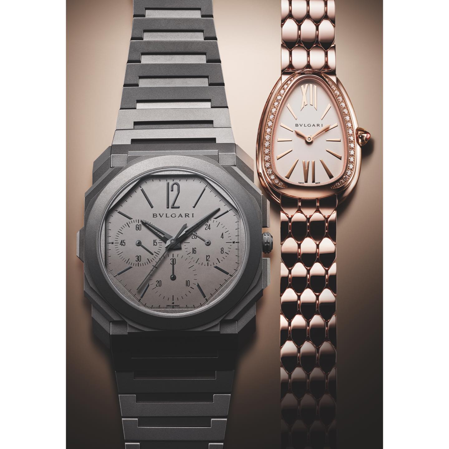 ブルガリのBASELWORLD 2019のハイライトは、このふたつのモデル。左/●時計『オクト フィニッシモ クロノグラフGMT オートマティック』予価 ¥1,920,000 ●ケース:チタン ●ケース径:42㎜ ●ブレスレット:チタン ●自動巻き ※2019年10月発売予定 右/●時計『セルペンティ セドゥットーリ』予価¥2,810,000 ●ケース:ピンクゴールド ●ケース径:33㎜ ●ブレスレット:ピンクゴールド ●クオーツ ※2019年10月発売予定(ブルガリ ジャパン)