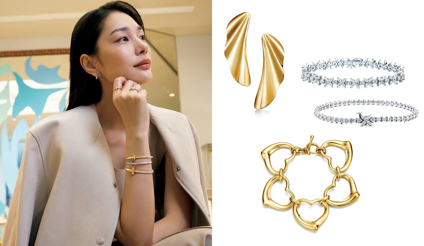 ティファニーのジュエリーを着用したモデルの大塚まゆかさんとティファニーのジュエリー