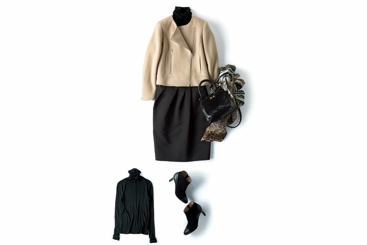 ニット［素材：ウール］（VINCE 表参道店）、ジャケット（チェルキ〈トモウミ オノ〉、ハイアリンのスカート・ピエール ルイ マシアのストール・マウロ・オリエッティ・カレラのバッグ（ストラスブルゴ）、靴（アマン〈ペリーコ〉）