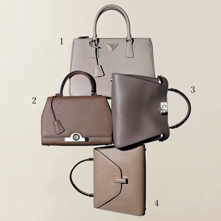 1.「プラダ ガレリアバッグ」￥257,000／ストラップ付き【縦23.5×横32×マチ13.5cm】［カーフレザー］（プラダ〈プラダ〉）、2.「プティットゥ レジェンヌ」￥563,000【縦18.5×横26×マチ10cm】［トリヨンジェックスレザー］（モワナ メゾン GINZA SIX）、3.「ミディアムイジィデ」￥375,000／ストラップ付き【縦20×横26×マチ12cm】［カーフレザー］（ヴァレクストラ・ジャパン）、4.「ピーカブー エッセンシャリー」￥431,000【縦20×横27×マチ11cm】［カーフレザー］（フェンディ ジャパン）[Precious2019年5月号122ページ]