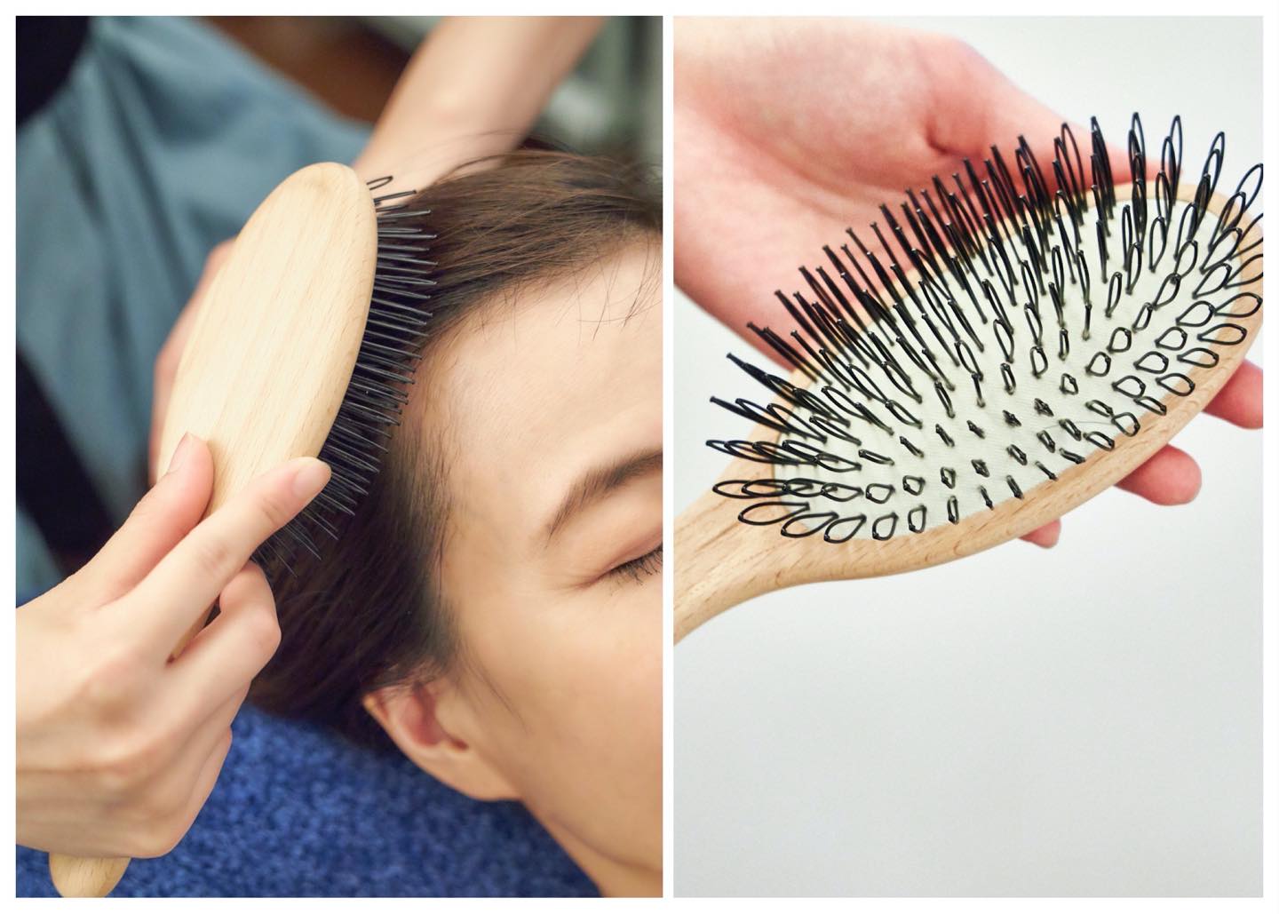 「アッカカッパ」のプロテクション ヘアブラシ no.946でブラッシング。ループ状のブラシが心地よく頭皮を刺激する。