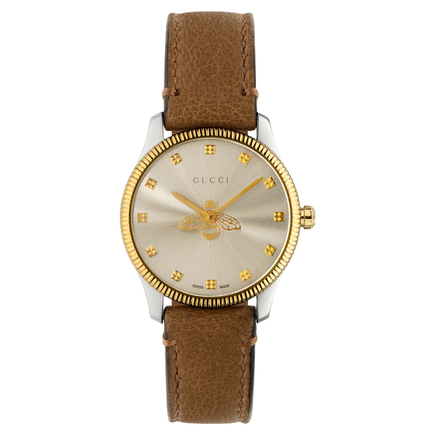 時計「G-タイムレススリム」 ¥148,000【品番:YA1265022、ケース径:29mm、ケースカラー:イエローゴールドPVD、ダイアル:サンブラッシュシルバー、ブレスレット:トープレザー】