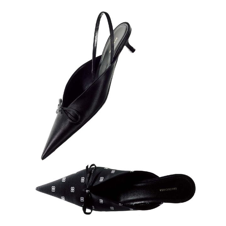 上から／靴「ナイフ サンダル」［ヒール：4cm］￥86,000・靴「ナイフ サンダル」［ヒール：4cm］￥83,000（バレンシアガ） [Precious2018年10月号317ページ]