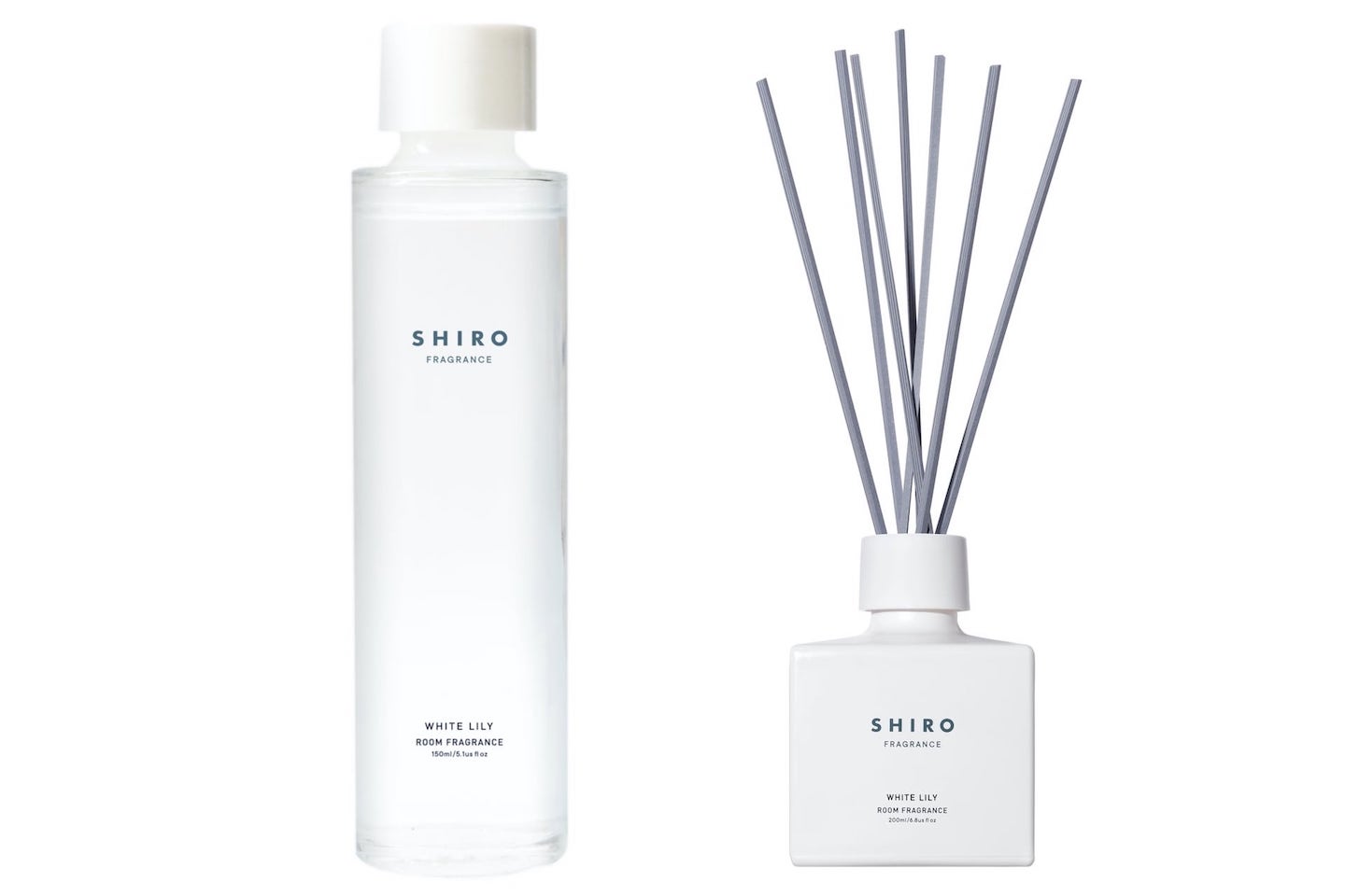 SHIRO ルームフレグランス レフィル(ホワイトリリー) 150ml ¥3,000、ルームフレグランス(ホワイトリリー) 200ml ¥4,200 *レフィル、ルームフレグランスともに、スティックが付属しています