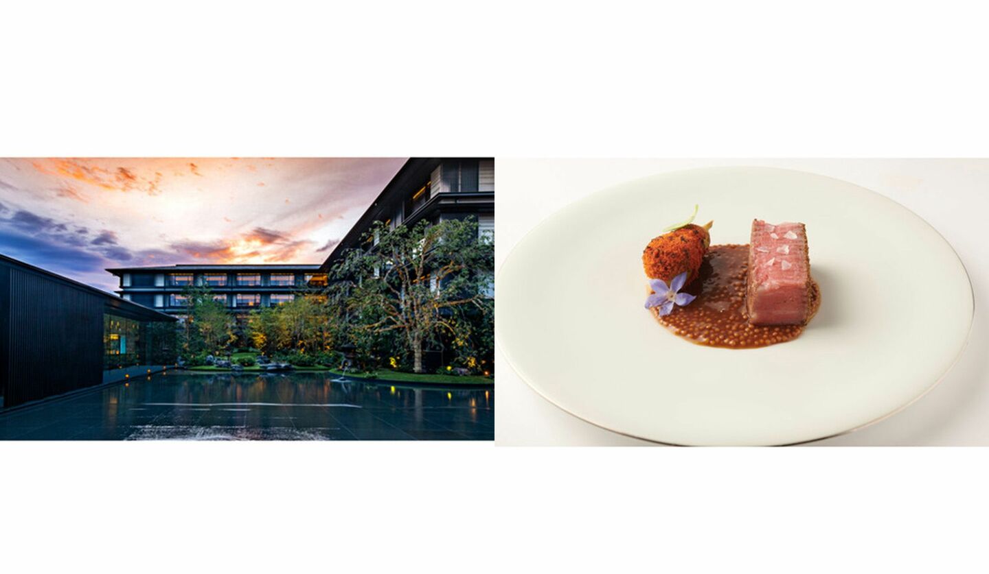 HOTEL THE MISTUI KYOTOの外観とアルマーニ リストランテ 料理例