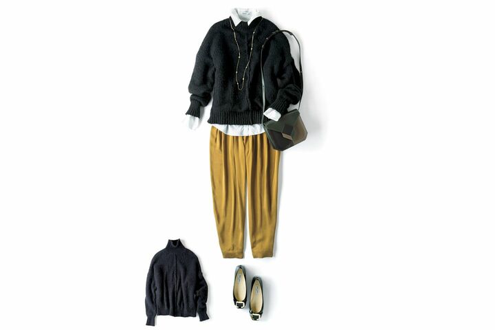 ニット［素材：前身ごろ／ウール×モヘア×ナイロン 後ろ身ごろ／ウール］（コロネット〈フォルテフォルテ〉）、エリザベス アンドジェームスのシャツ・フォルテ フォルテのパンツ（コロネット）、ネックレス（アッシュ・ペー・フランス〈イオッセリアーニ〉）、バッグ（ピエール アルディ 東京）、靴（JIMMY CHOO）