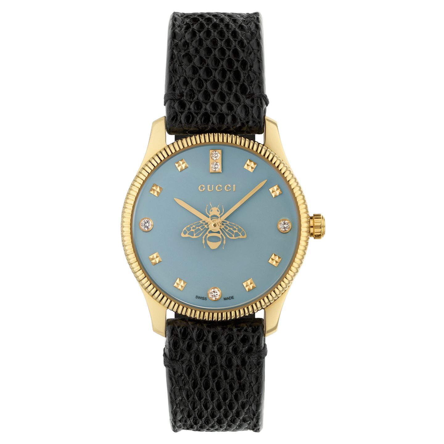 時計「G-タイムレススリム」 ¥174,000【品番:YA1265018、ケース径:29mm、ケースカラー:イエローゴールドPVD、ダイアル:ブルー、ブレスレット:ブラックリザードストラップ】