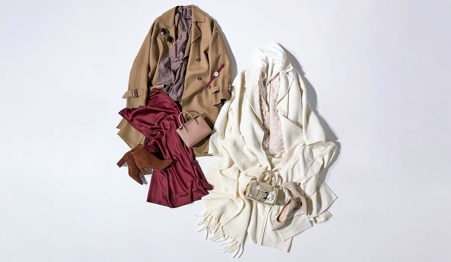 薄手のタートルニット6点、なじませ配色のコートの置きコーデ2点