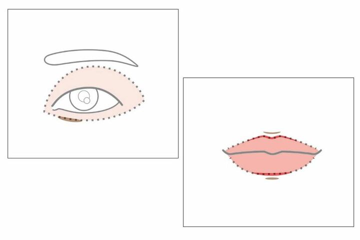 左／目元はアイシャドウを目尻側と涙袋まで大きく広げて。マスカラも根元から塗ります。さらに、涙袋の下に影のラインを仕込んで。右／口元は上下の山をややオーバー気味に描いて。唇の上下に影のラインを仕込みます。