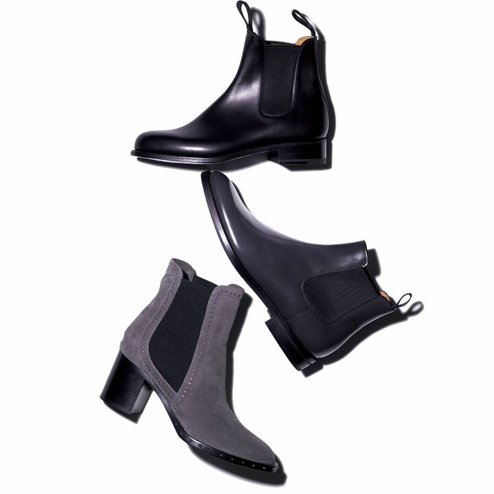 上から／ブーツ「705 サイドゴアブーツ」￥145,000【ヒール：3cm】［ボックスカーフ］（J. M. WESTON 青山店）、ブーツ「モンマス」￥70,000【ヒール：2.5cm】［ポリッシュドバインダーカーフ］（チャーチ 表参道店）、ブーツ「メリル」￥138,000【ヒール：6.5cm】［カーフスエード］（JIMMY CHOO）　[Precious2018年11月号146ページ] 