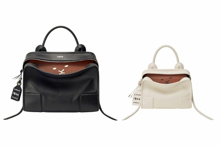 バッグ「ライオン インターシャ アマソナ180 ラージ」￥851,400【サイズ：縦27×横34.5×マチ14cm、素材：カーフ、色：ブラック】、バッグ「ライオン インターシャ アマソナ180 スモール」￥727,100【サイズ：縦18.5×横24.5×マチ10cm、素材：カーフ、色：ソフトホワイト】