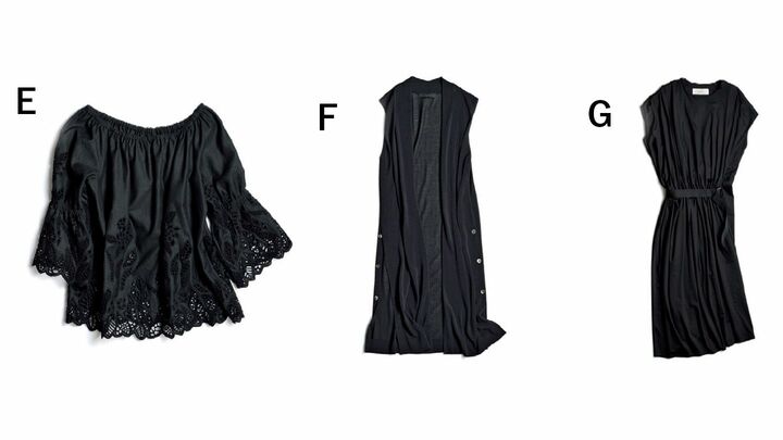 ［E］カットワークレースのブラウス ￥36,000（wb） ［F］ニット素材のロングジレ  ￥26,000（MOGA） ［G］ジャージーのワンピース ￥96,000（ザ シークレットクロゼット神宮前〈シクラス〉）