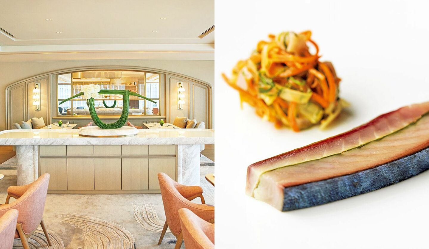 フォーシーズンズホテル 丸の内 東京「セザン」の内観と料理の写真