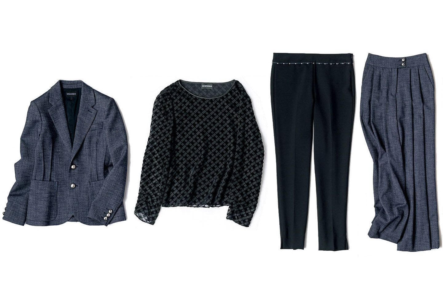 左から/ジャケット¥81,000・ブラウス¥81,000・黒パンツ¥67,000・ワイドパンツ¥49,000(ジョルジオ アルマーニ ジャパン〈エンポリオ アルマーニ〉)※プレゼント品はすべてサイズ40