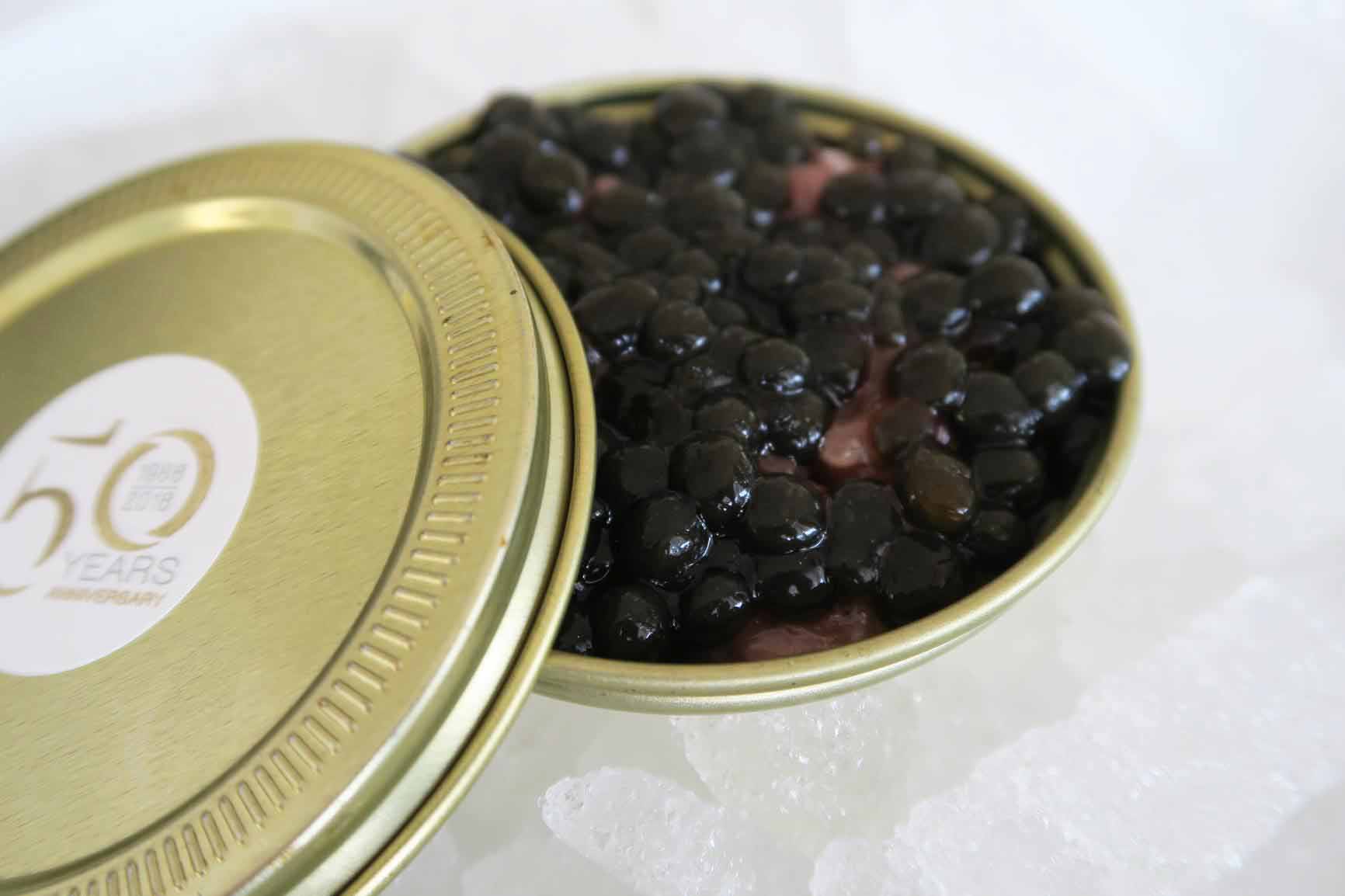 「Papalina del tonno/マグロのベレー帽」キャビアに見えるのは、実はイタリアでよく食べるレンズ豆。その下にはキリっと冷やしたマグロの漬けが隠れている。