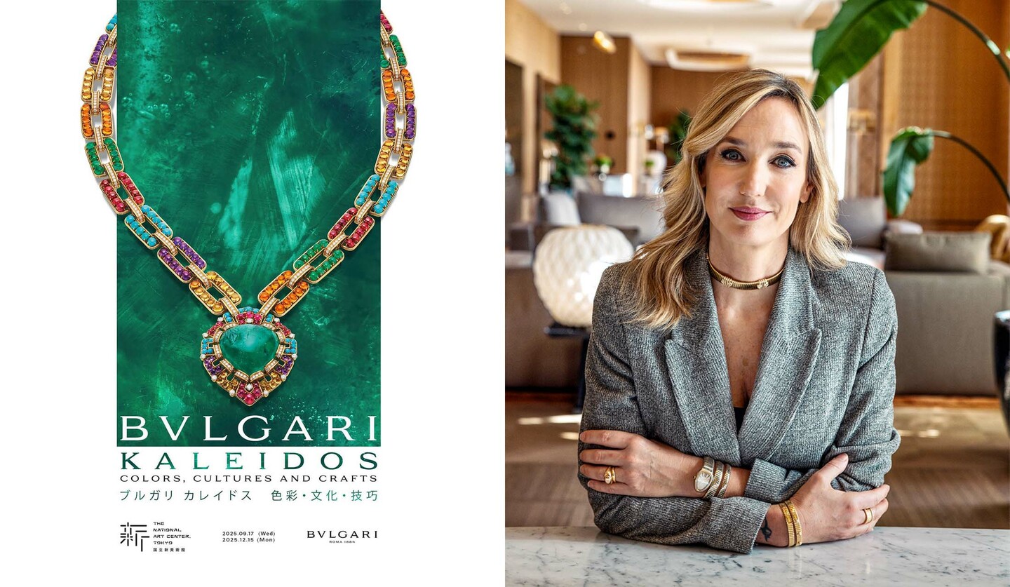 ブルガリの展覧会『ブルガリ カレイドス 色彩・文化・技巧』の告知ビジュアルと「ブルガリ」本社 副CEOを務めるラウラ・ブルテーゼ氏