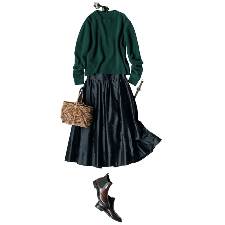 ニット￥49,000（J&M デヴィッドソン 青山店〈J&M デヴィッドソン〉）　シルクシャンタンのスカート￥45,000（ドレステリア 新宿店〈ドレステリア〉）　サングラス￥34,000（モスコット トウキョウ）　時計￥1,035,000（IWC SCHAFFHAUSEN）　バッグ［巾着袋付き］￥14,000（ビームス 二子玉川〈マルシェ〉）　靴￥83,000（トッズ・ジャパン）