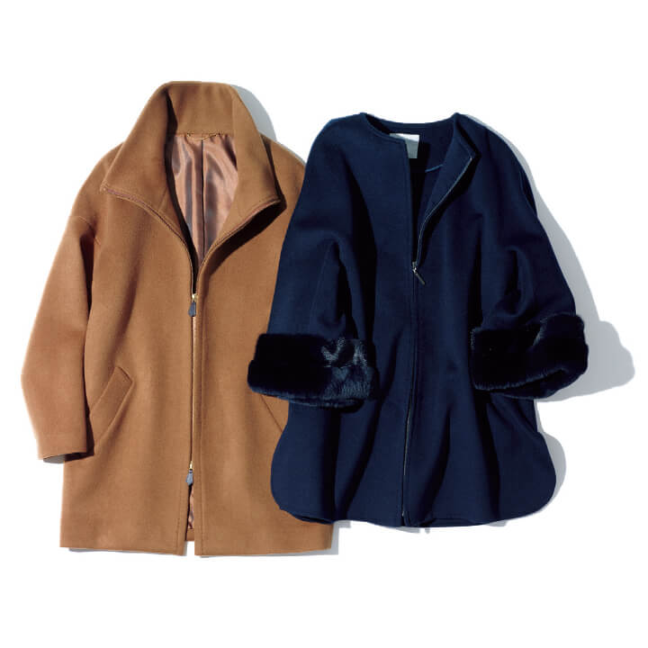 コート[左]キャメルウール×ゴールドジップで、リッチな印象も漂わせて。￥76,000（MOGA）[右]艶やかなカシミヤ素材に、ジップのデザインがスタイリッシュに光る。ミンクとレッキスを組み合わせた袖口のファー部分が表情を豊かにしてくれます。￥190,000（トラデュイール）　[Precious2019年2月号79ページ] 