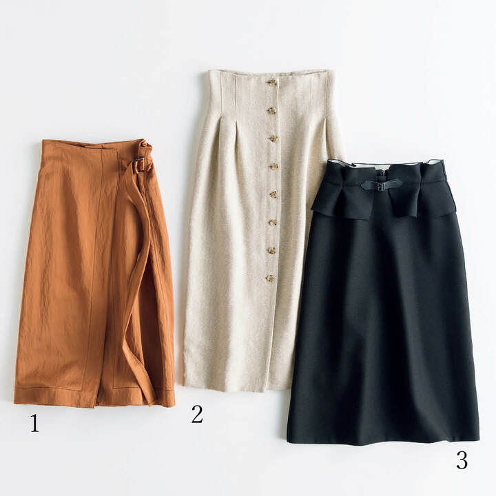 左から／￥33,000（ルック〈フィラージュ〉）、￥35,000（ミュラー オブ ヨシオクボ）、￥36,000（ADORE）　[Precious2019年3月号130ページ] 