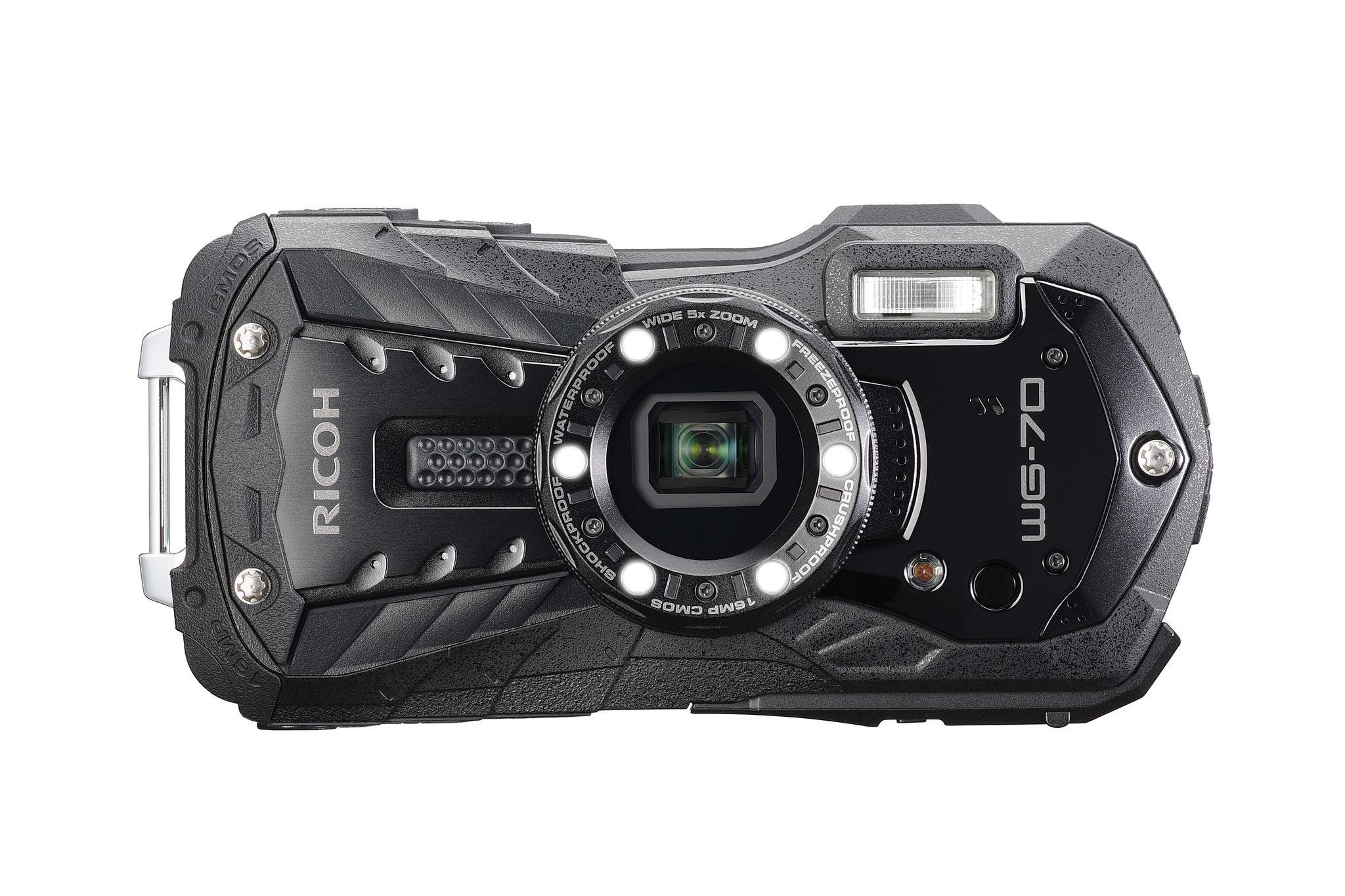 RICOH WG-70 ブラックSPEC●有効画素数:約1600万画素●撮像素子:1/2.3型CMOS●サイス:約W122.5×H61.5×D29.5mm(操作部材、突起部を除く)●質量:約193g(電池、SDメモリーカード含む)。2色展開。オープン価格(リコーオンラインストア価格¥35,800、税込価格)