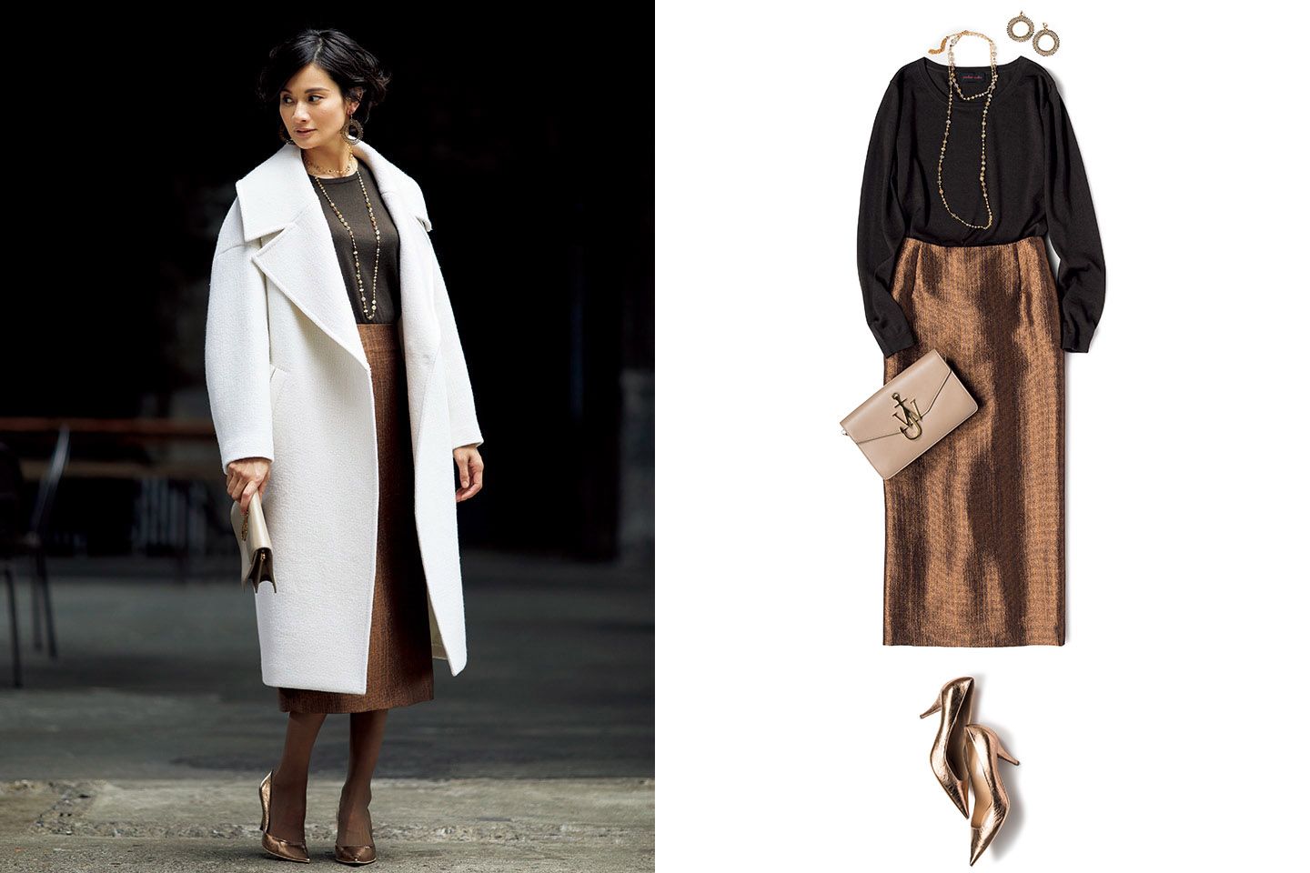 コート¥92,000(ADORE)、ニット¥48,000(yoshie inaba)、スカート¥22,000(プルミエ アロンディスモン)、ピアス¥135,000・ネックレス¥90,000(三越日本橋本店 本館3階ミグジュアリー〈ドナテラ・ペリーニ〉)、バッグ¥148,000(エドストロームオフィス〈ジェイ ダブリュー アンダーソン〉)、靴¥72,000(セルジオ ロッシ)