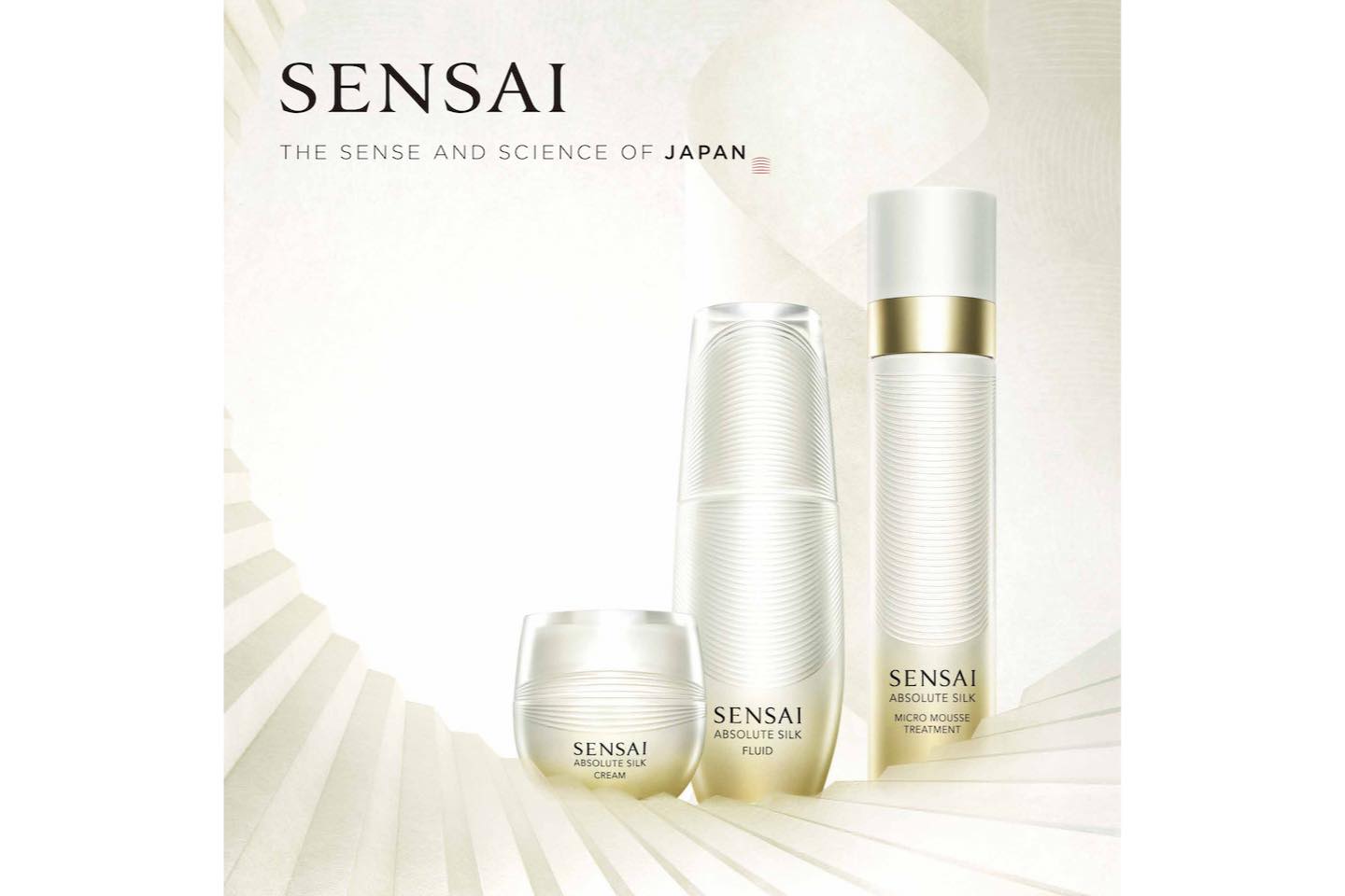 SENSAI 左から:センサイ AS クリーム(クリーム)40ml ¥18,000、センサイ AS フルイド(乳液)80ml ¥18,000、センサイ AS マイクロ ムース トリートメント s(化粧水)90ml ¥18,000