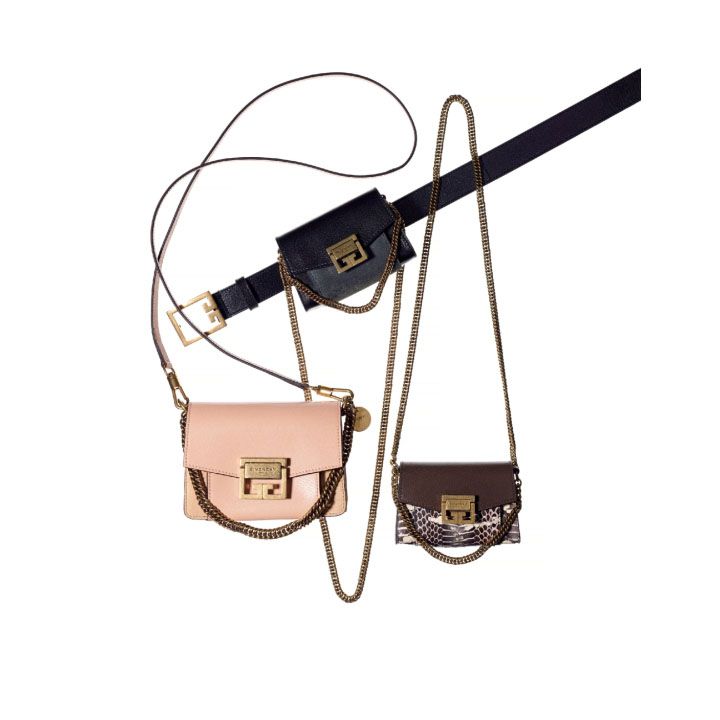 上／バッグ『GV3 ナノ』［縦8×横12×マチ4㎝］￥105,000・黒ベルト￥46,000・左／バッグ『GV3 ミニ』［縦11×横16×マチ4㎝、取り外し可能なショルダーストラップ付き］￥199,000・右／バッグ『GV3 ナノ』［縦8×横12×マチ4㎝］￥145,000（ジバンシィ表参道店）　[Precious2018年5月号217ページ] 　