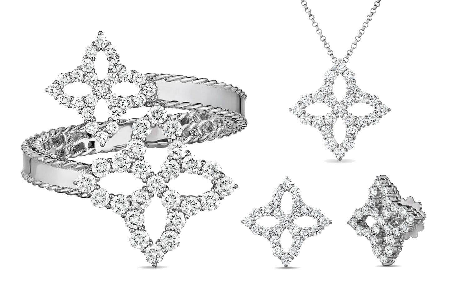 ダイヤモンドの高貴な輝きが加わった「ダイヤモンド プリンセス」。左からリング¥528,000・ネックレス¥770,000・ピアス¥660,000(銀座三越〈ロベルトコイン〉)