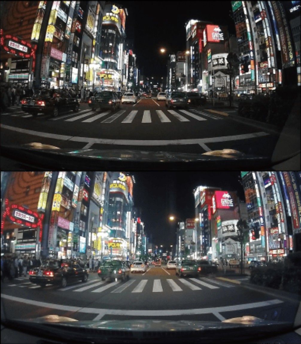 上がノーマル、下がナイトチューニングを使った時の画面。周囲全体が明るくなり前方車や後続車、すれ違うクルマのナンバープレートも読みやすくなる。