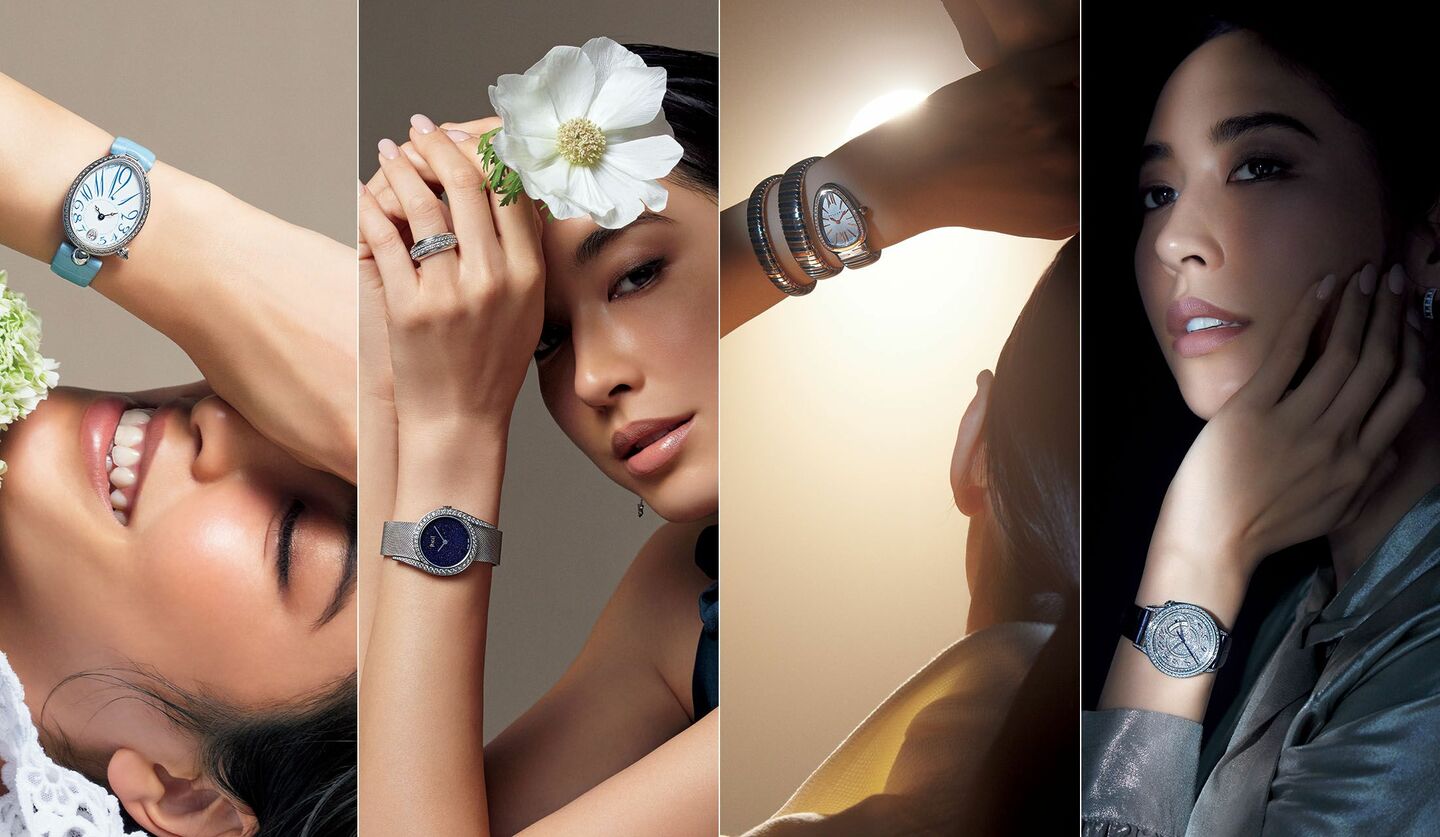 ブレゲ、ピアジェ、ブルガリ、ヴァシュロン・コンスタンタンの時計を身に着けた女性の写真