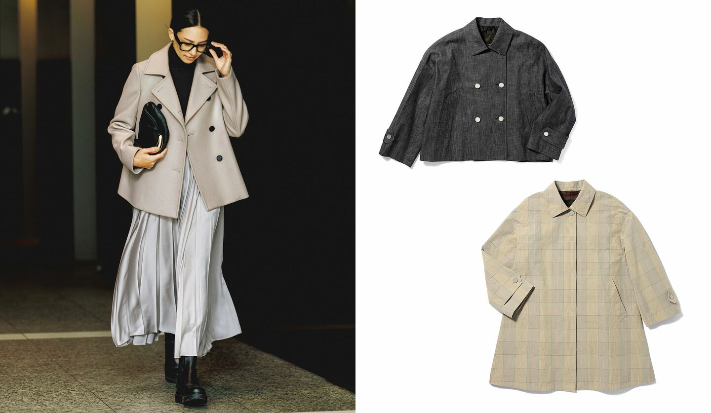 2025年12月号で購入したいもの1位に選ばれたマッキントッシュ ロンドンのコートを着たモデルカットと春のアウター2着