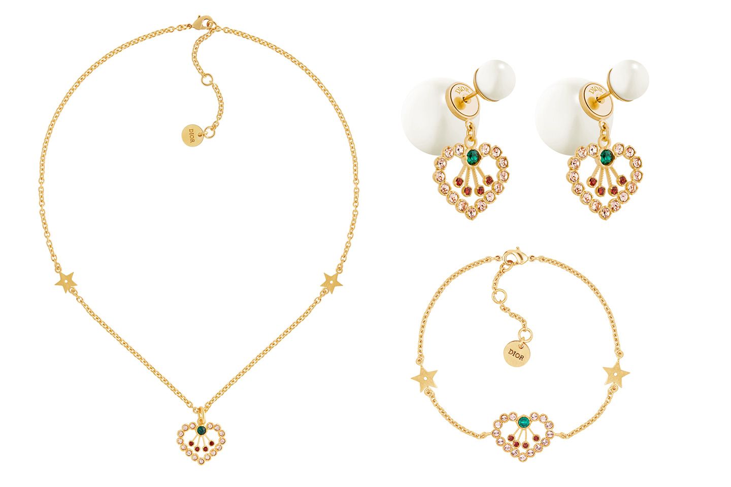 左/「DIOR IN HEART LIGHTS ネックレス」、「DIOR TRIBALES ピアス」、「DIOR IN HEART LIGHTS ブレスレット」
