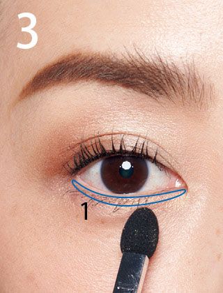 下まぶたは1をライン状に。チップの先端にとり、目尻から目頭にのせるとベストな5mm幅に。