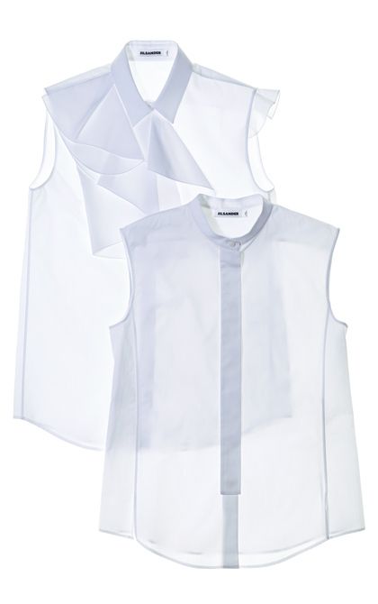 ノースリーブコットンシャツ ［スタンドカラー］￥62,000・［ラッフル］￥59,000（ともに税抜）