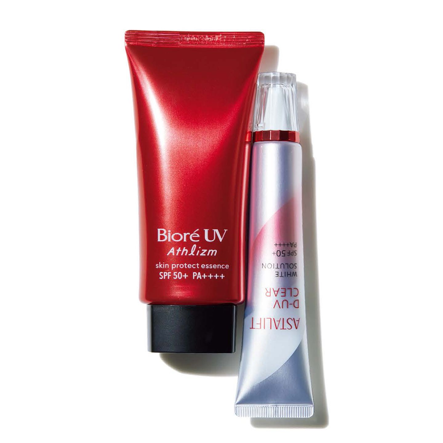 左から/花王 ビオレ UV アスリズム スキンプロテクトエッセンス SPF50+・PA++++ 70g ¥1,500(編集部調べ)、富士フイルム アスタリフト DUV クリア ホワイトソリューション SPF50+・PA++++ 30g ¥3,900