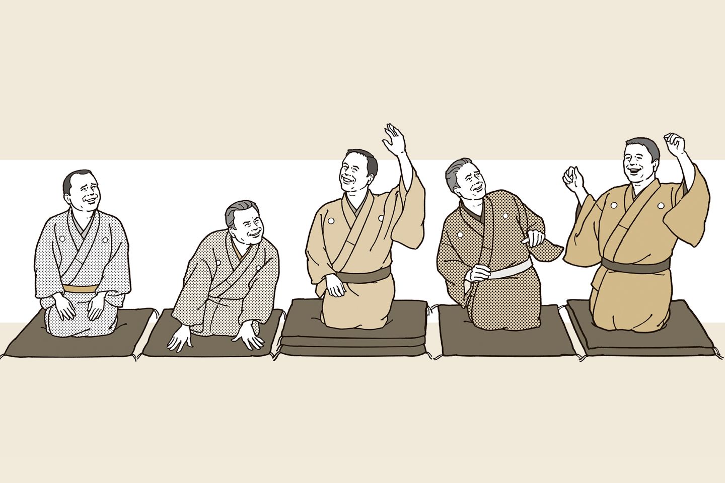 古典的な大喜利は5人で行うチームプレーが基本。与えられたお題に対して、上手側に座る大オチ担当の人が爆笑を起こさせるように、下手側から順番に4人がフリの回答を重ねる。※出演者によってネタフリ、小ボケ、オチの座り位置や人数は変わる。