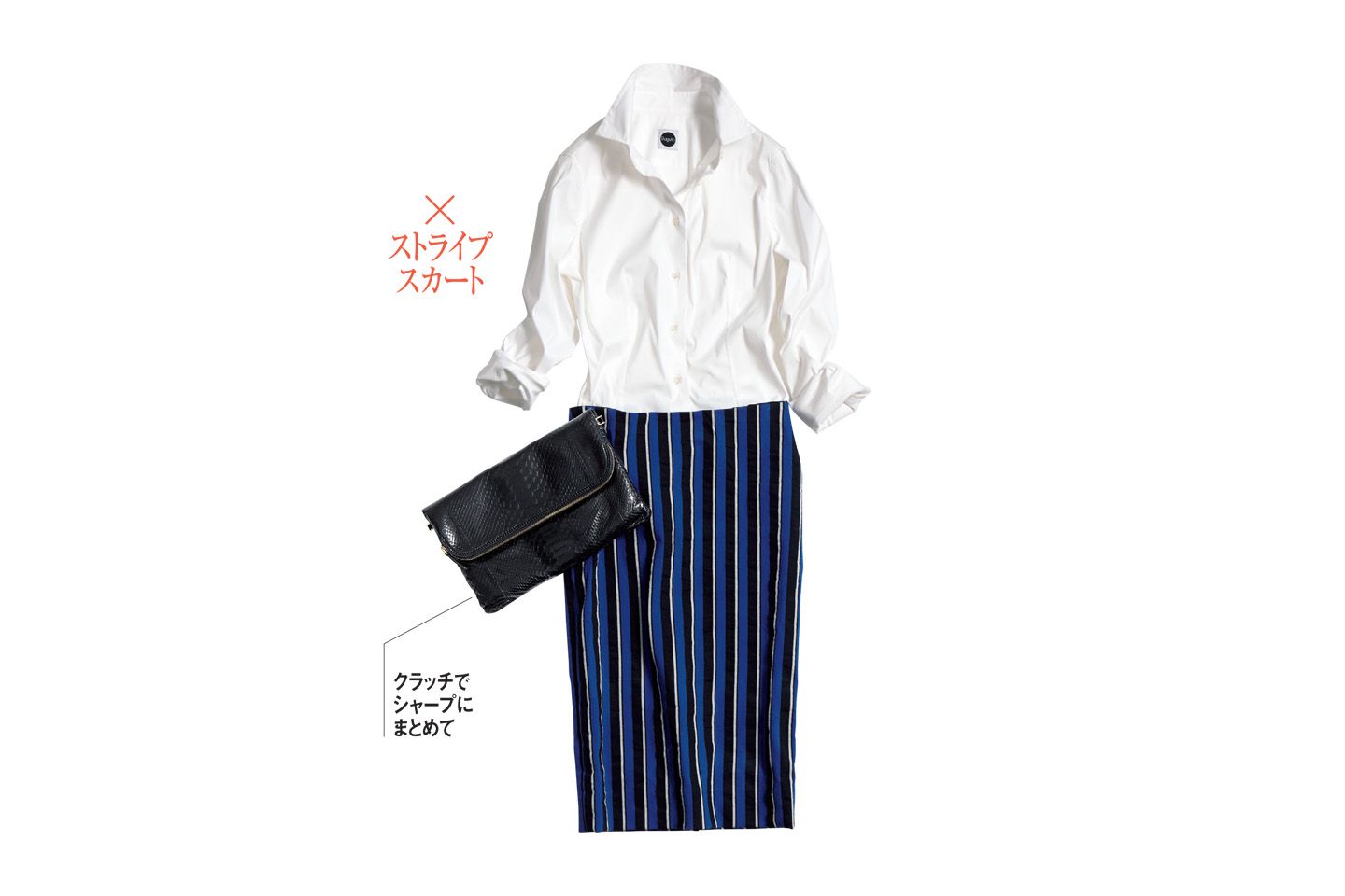 シャツ(トレメッツォ〈バグッタ〉)、スカート(ドゥロワー 心斎橋店〈ドゥロワー〉)、バッグ(ストラスブルゴ〈ザリアーニ〉)、靴(JIMMY CHOO) 撮影/John Chan BY:『Precious5月号』小学館、2015年