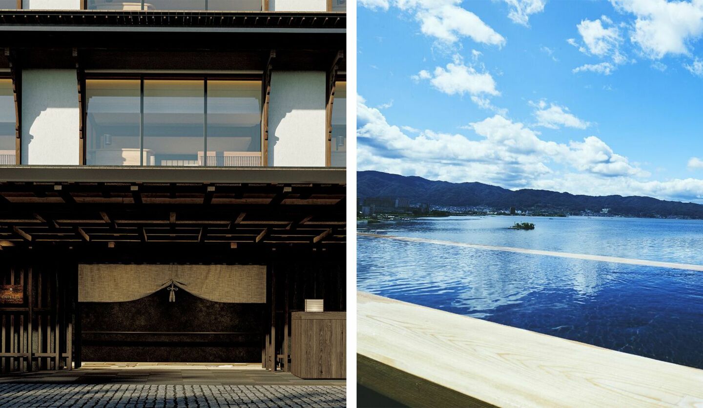 カペラ京都エントランス前、「萃sui-諏訪湖」からの景色