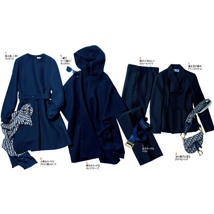 1：ジャケット［ウールモヘア］￥460,000・2：バッグ「サドル」［サイズ：縦16×横19.5×マチ6.5cm］￥260,000・ストラップ￥180,000・3：パンツ［ウールモヘア］￥180,000・4：ベルト￥105,000・5：サングラス￥47,000・6：ケープ［カシミヤ］￥850,000・7：ワンピース［ウールシルク］￥380,000・8：スカーフ［サイズ：縦35×横180cm］￥73,000（クリスチャン ディオール〈ディオール〉）　[Precious2018年10月号076-077ページ] 