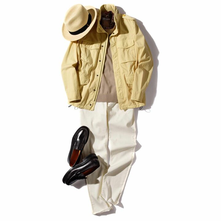 ジャケット¥82,500(トヨダトレーディング プレスルーム〈アスペジ〉)、ニット28,600(エスディーアイ〈グランサッソ〉)、パンツ¥61,600(ヤコブ コーエン 東京ミッドタウン店)、ハット¥39,600(ボルサリーノ ジャパン)、スカーフ¥30,800(レガーレ〈アット ヴァンヌッチ〉)、靴¥152,900(ジェイエムウエストン青山店)
